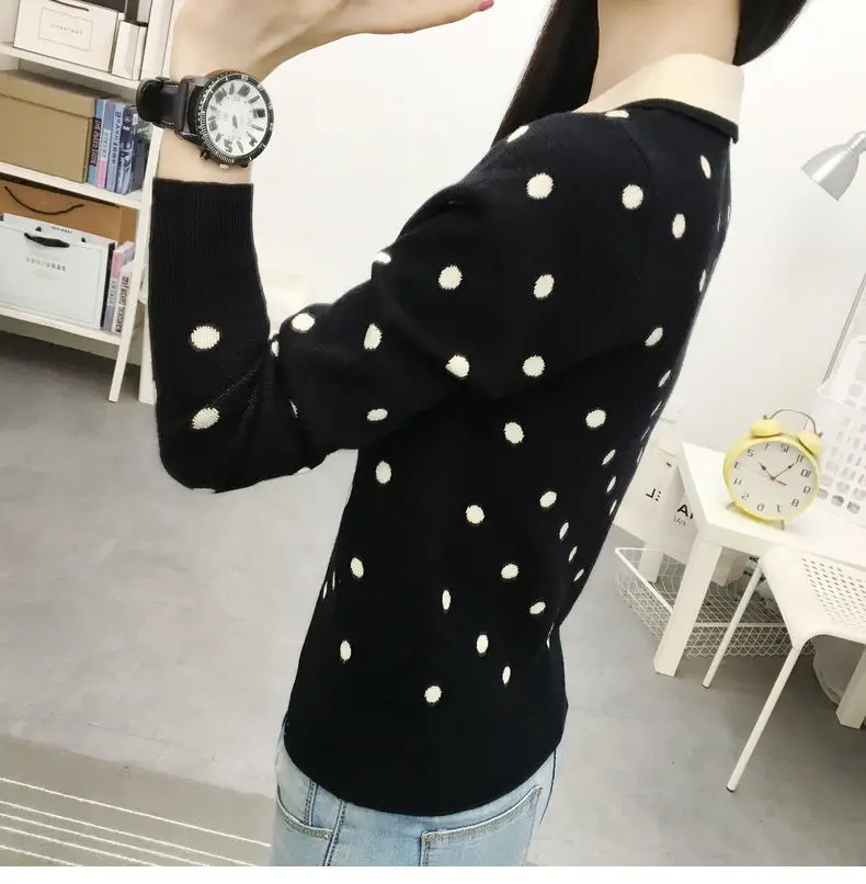 Пуловер женский в горошек теплая верхняя одежда для студенток приталенный