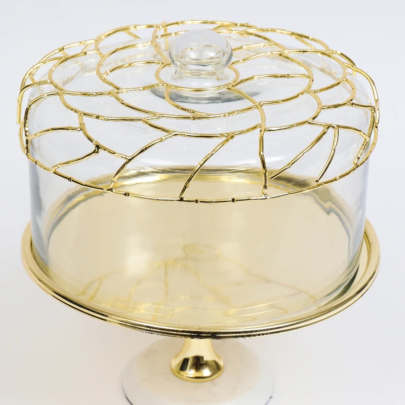 

Gold Cake Stand with Glass Dome and Gold Mesh Design