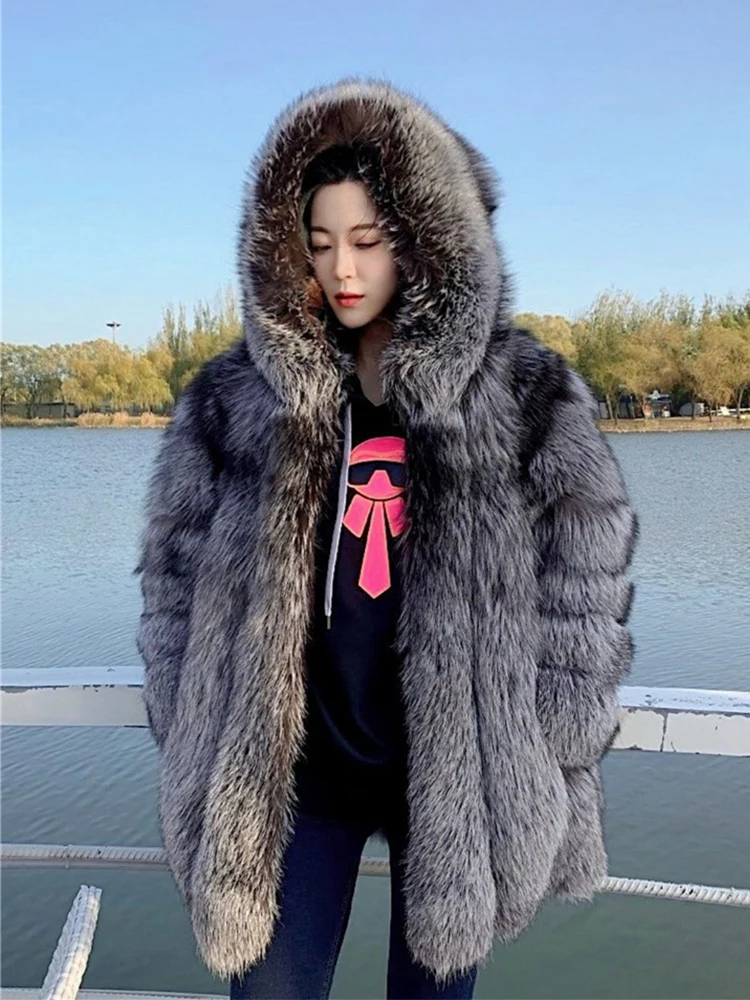 Women Winter Real Silver Fox Fur Coat Long Genuine Fur Jacket Fashion Luxury Natural Fur Streetwear Hood Plush Outerwear Brand