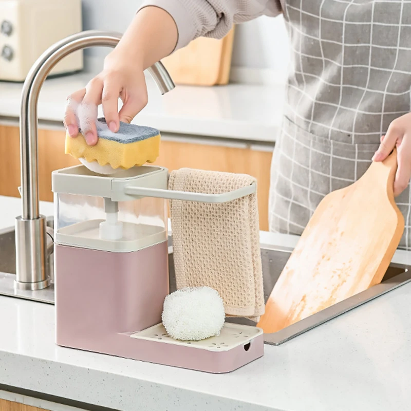 

Two In One Sponge Drain Soap Dispenser With Sponge Pump Dispenser Wipe Arrangement Rack Dish Towel Hanger Kitchen Storage Holder