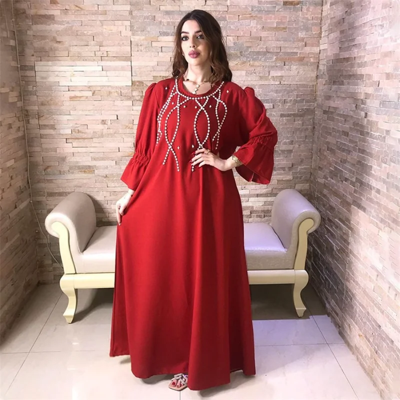 

Siskakia Arab Dubai Turkey Long Dress Red Bubble Sleeve O Neck Pearl Rhinestone Muslim Abaya Dresses Corban Eid Al Adha 2023 New