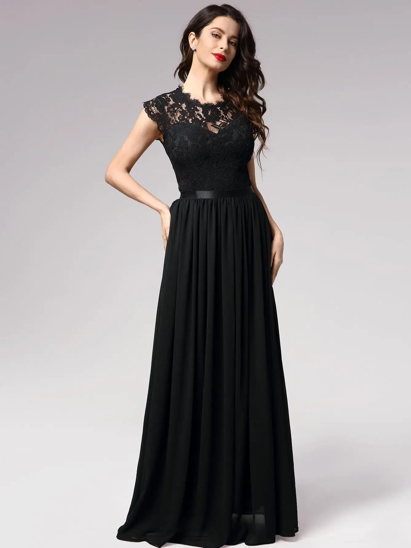 Miusol Women’s Evening Party Maxi Dress Floral Lace Bodice Elegant Formal Dresses Sleeveless Ribbon Waist Chiffon Long Dress