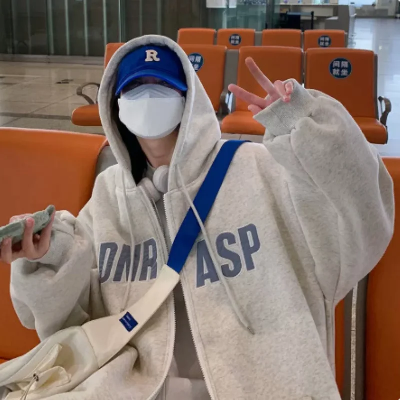 

Casual Unisex Hoodies Letter Print Cardigan Loose Women Long Sleeve Rib Cuff Hip Pop Men's Coat Youth Outerwear