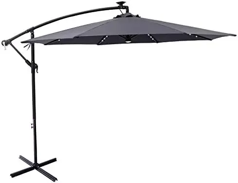 

ft Half Round Outdoor Market Umbrella with Solar LED Lights and Tilt, Black