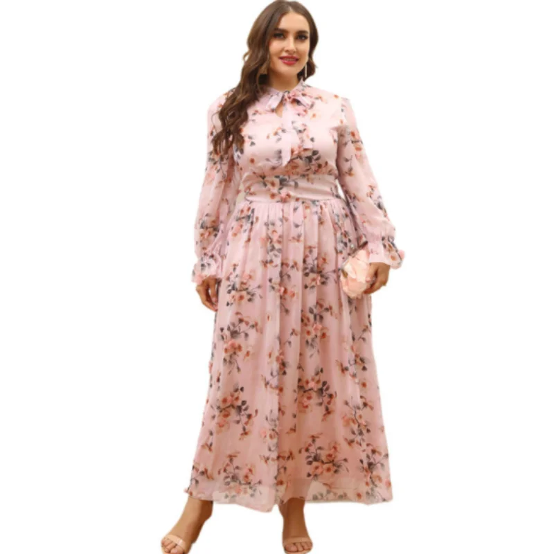 

Women Large Maxi Dress 2022 Spring Pink Chic Elegant Long Sleeve Floral Evening Party Wedding Festival Clothing L- 4XL