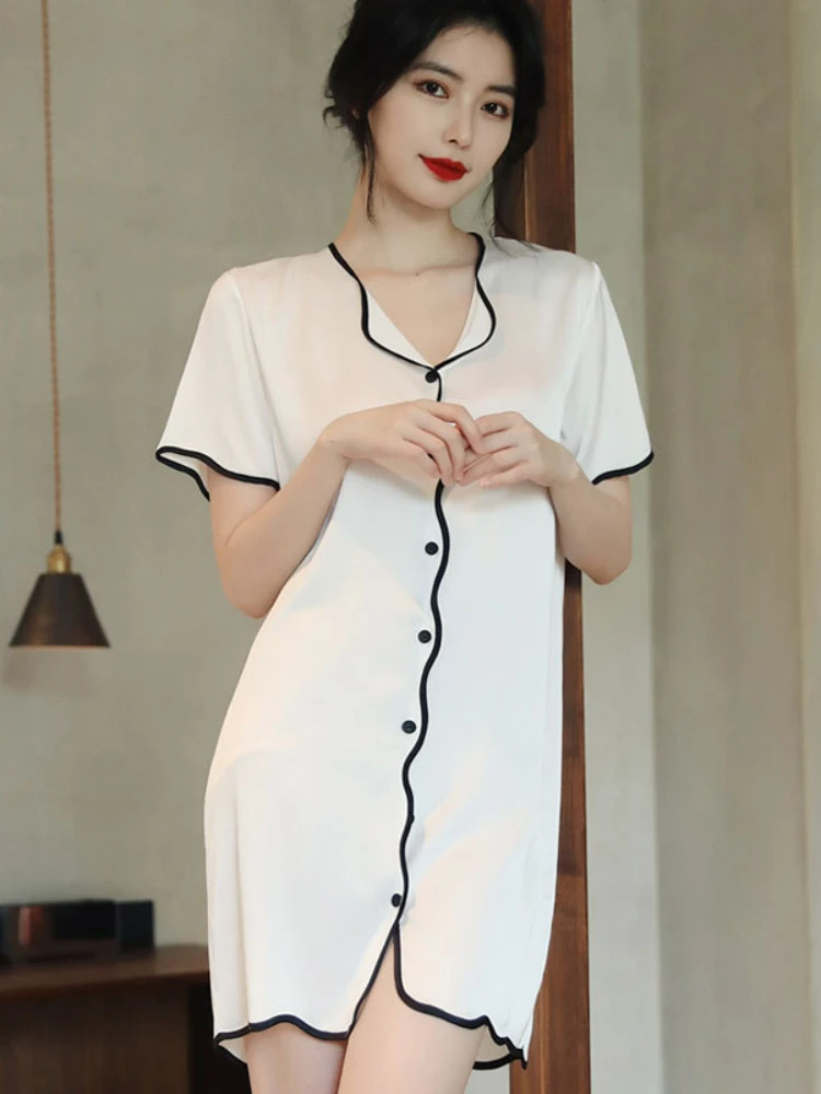 New Nightdress Female Summer Thin Style Sexy Pajamas Shirt Skirt Satin Nightdress Sleepwear Night Women Sleepwear