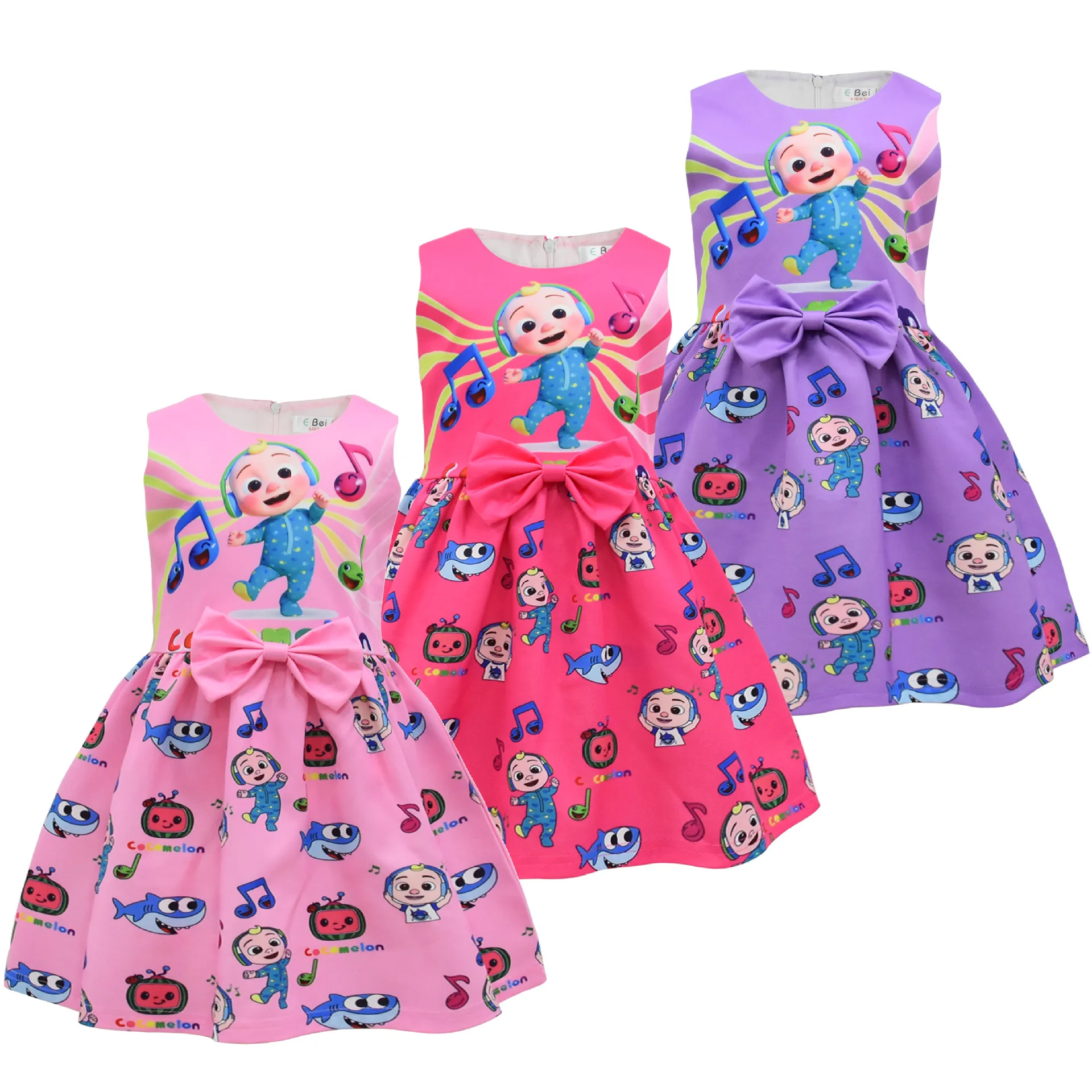 Summer Charm Girls Cartoon Cocomeloned Print Dress Kids Bow Sleeveless Birthday Party Princess Dress Cosplay Costumes