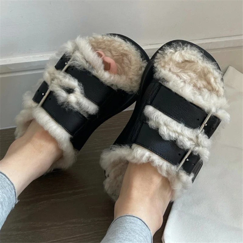 

Furry Women Fur Slippers Winter Warm Outside Flats Gladiator Sandals Ladies Flat Shoes Fashion Mules Belt Buckle Black Slids