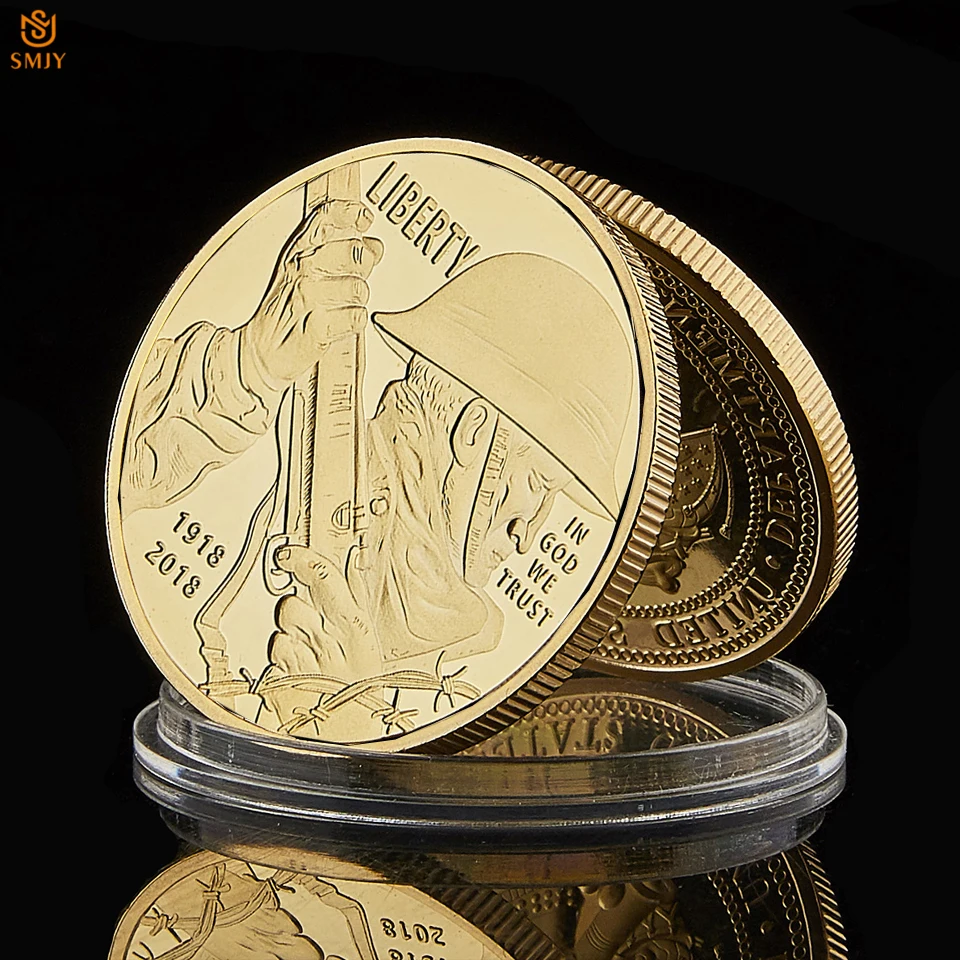 

1918-2018 WWI Centenary USA Military Gold Plated Challenge Token Coin American Liberty Eagle Commemorative Coin Collection