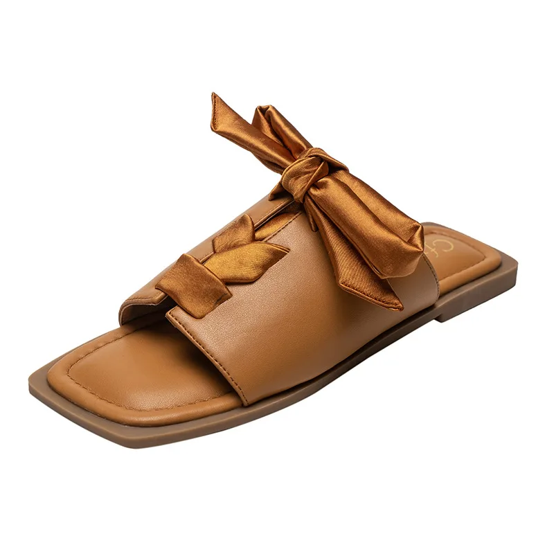 women sandals 2022 summer new trend flat silk bowknot square toe fashion luxury comfortable elegant sweet work beach ladies