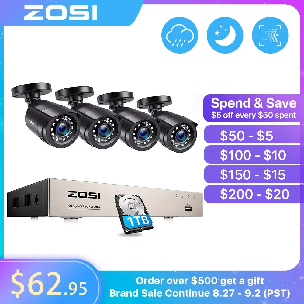 

Система видеонаблюдения ZOSI, 8 каналов, 1080P, 2/4/6/8 камер