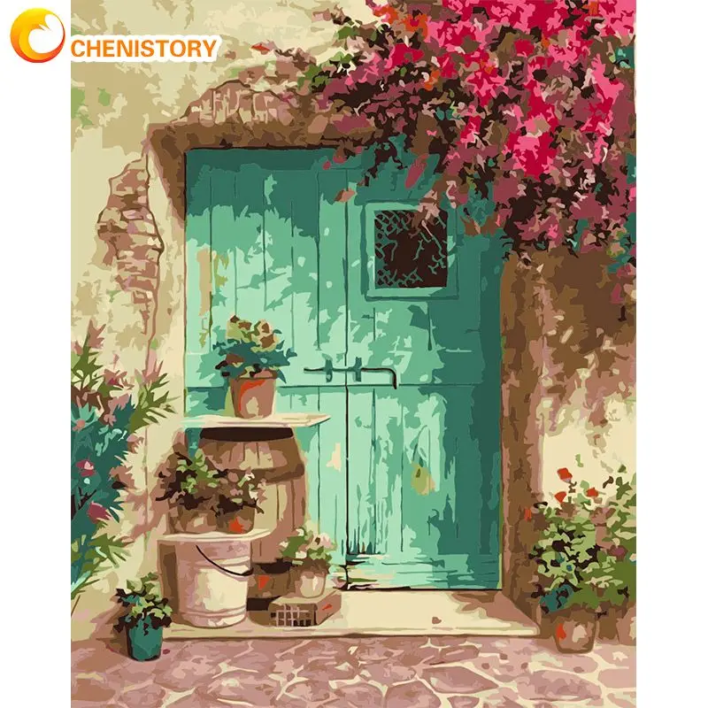 CHENISTORY DIY Framed Oil Picture By Numbers HandPainted Blue Door With Flower Acrylic Paint Color On Canvas Home Wall Painting