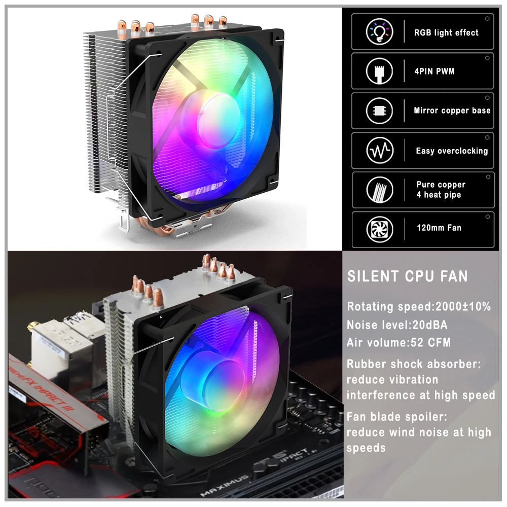 Кулер процессора для Lga 2011-V3/1366/1151/1700 AM4 AM3 4 тепловые трубки кулер ЦП 4-контактный