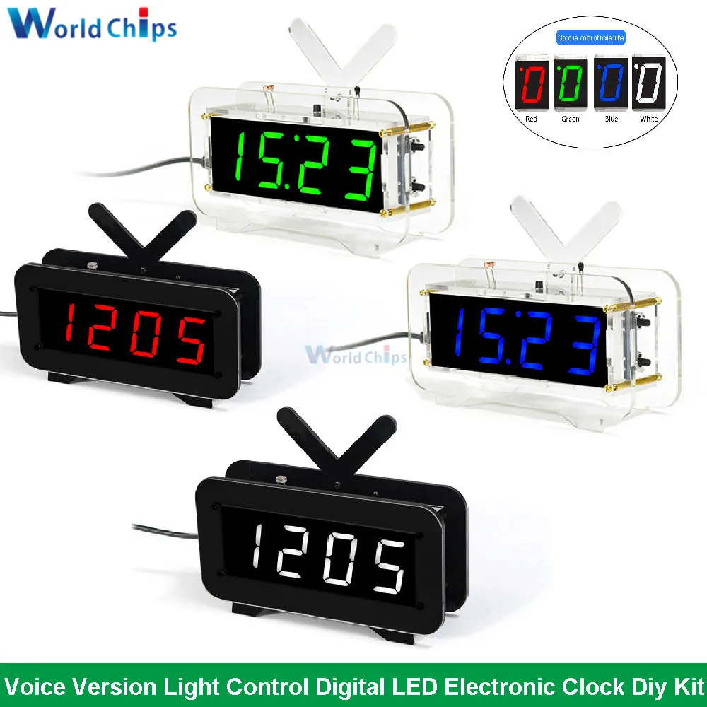 

Digital LED Electronic Clock Diy Kit Voice Version 51 Microcontroller Clock Time Light Control Temperature Red/Blue/Green/White