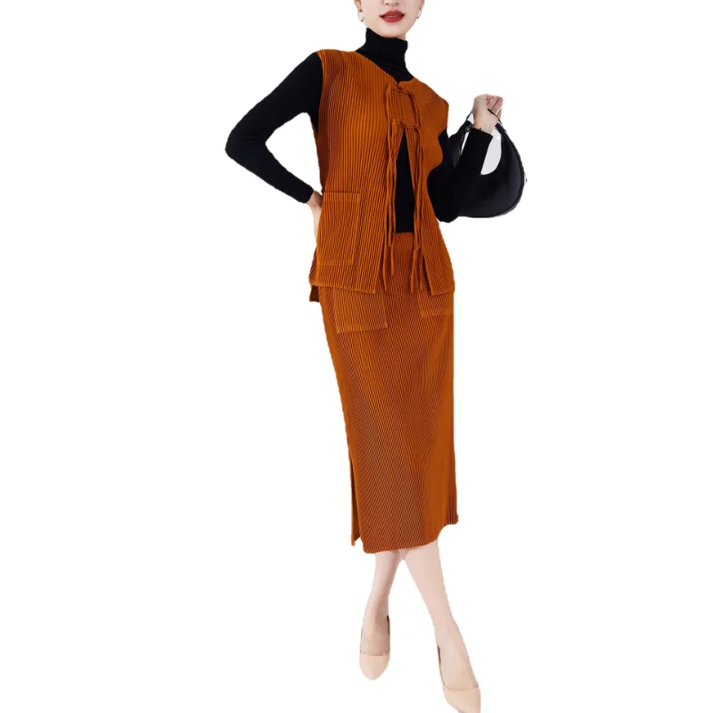 Vintage Elegant Miyake Pleated Set Women Button V-Neck Vest Jacket And Midi Split Straight High Waist Skirt Two-piece Suit 1A475 enlarge
