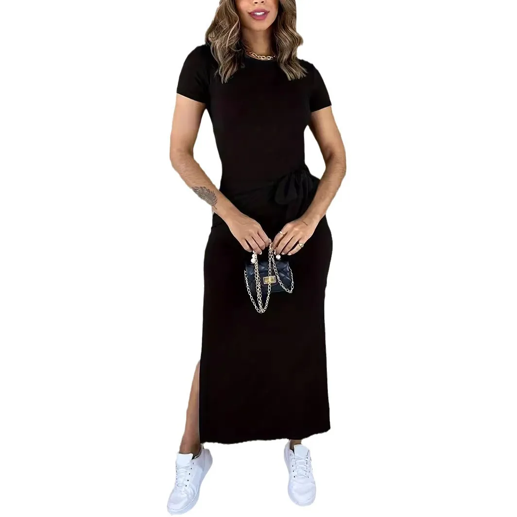 nowa długa sukienka damska modna zasznurowana z okrągłym dekoltem i rozcięciem 2024 elegancka krótkim rękawem