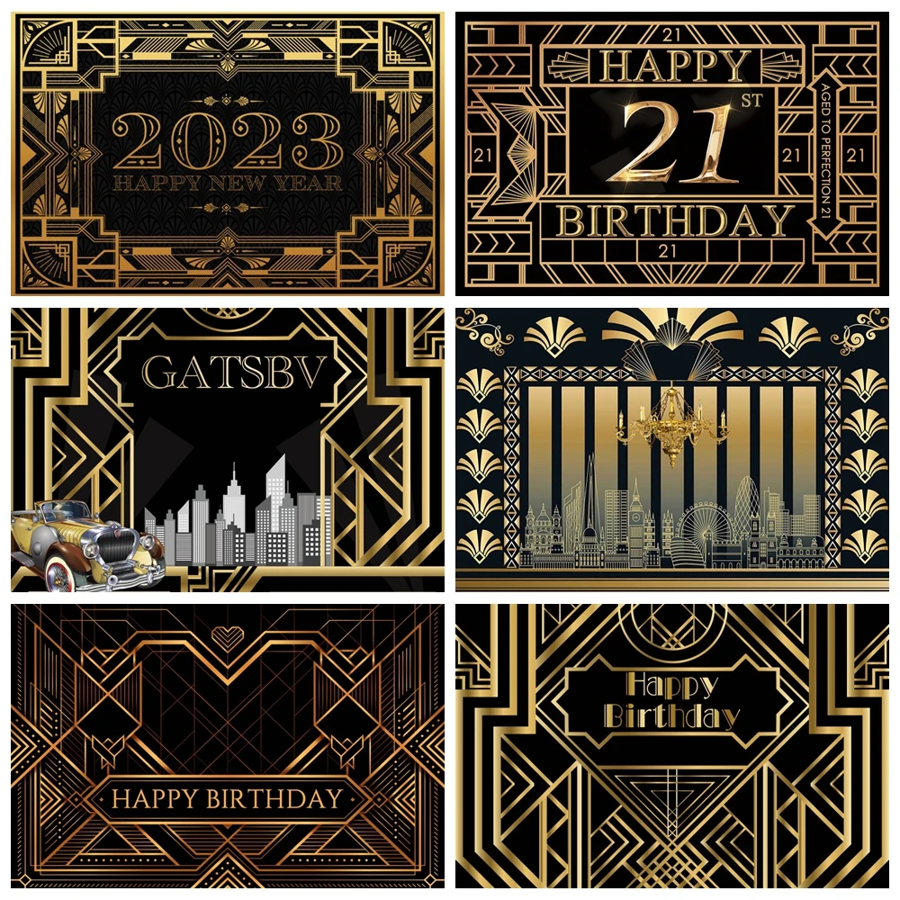 

Gatsby Theme Birthday Party Photography Backdrops 2023 New Year Black Golden Line Customize Photographic Background Photo Studio
