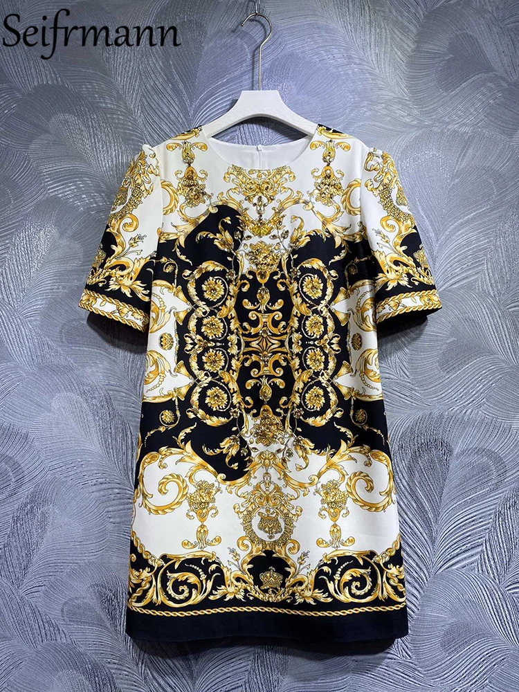 

Seifrmann High Quality Summer Women Fashion Runway Mini Dress Vintage Print Short Sleeve Beading Elegant Party A-Line Dresses
