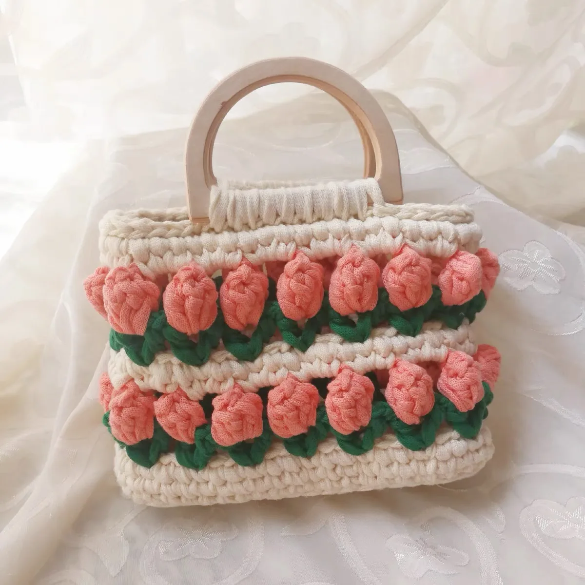 

2022 Floral Tulip Hand Woven Bag Homemade Hand Knitted Crochet Diy Material Bag Gift Handbag Finished Products Girlfriends