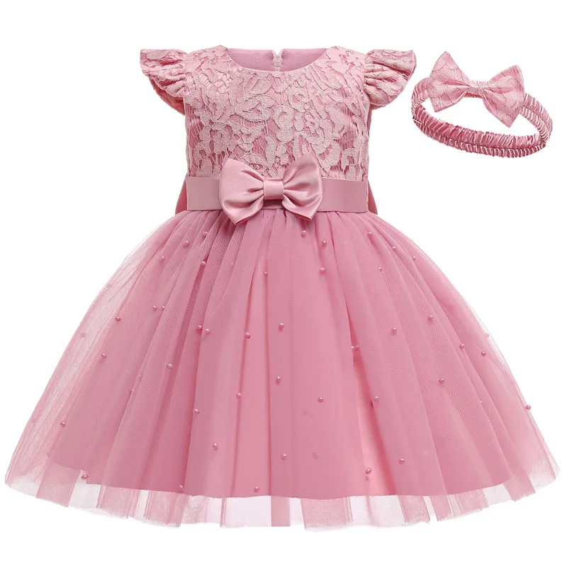 

Ins 2023 New Children Clothing Pearl Bowknot Pink Mesh Lace Baby Girl Princess Dress For Girls Party Puffy Dresses Send Headband