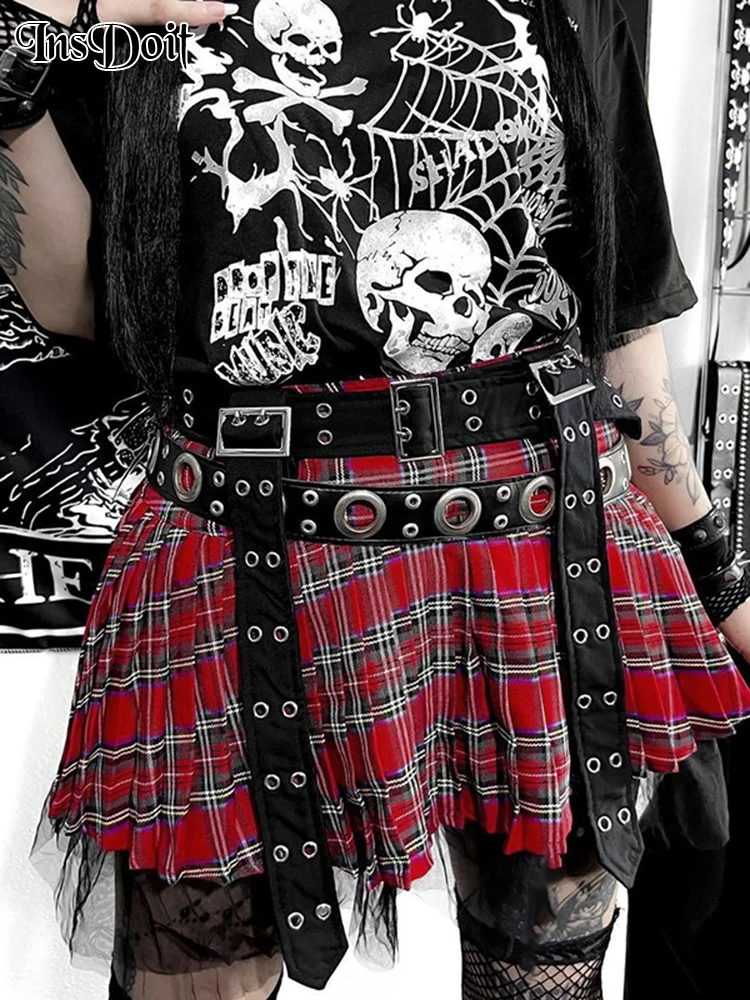 

InsDoit Goth Lace Patchwork Plaid Pleated Skirt Women Harajuku High Waist Short A-line Ruffle Skirt Girls Cosplay Costumes