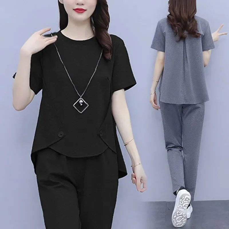 

Цельный Комплект для женщин, Новинка лета 2022, костюм, толстый свободный облегающий костюм с мясом, женский топ с прострочкой, Модный комплект из двух предметов