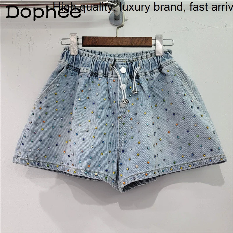 

Full Heavy Industry Body Colorful Crystals Denim Women High Waist Slimming Wide-Leg Jeans Shorts 2023 New Summer Bottoms