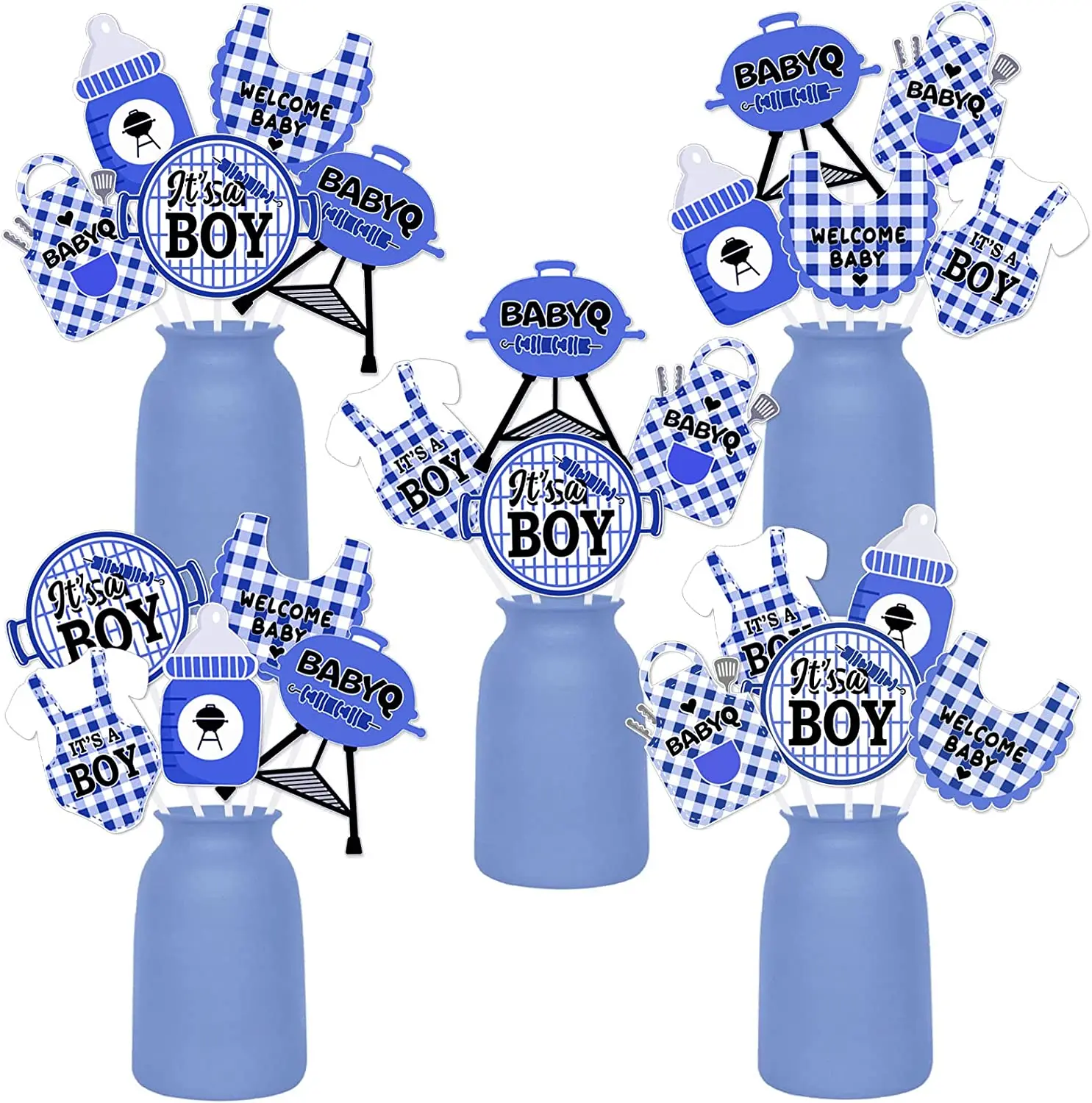 

24pcs BBQ Baby Shower Centerpieces Sticks for Boy Double Sided Print BBQ Table Toppers for Barbecue Picnic Summer Party Supplies
