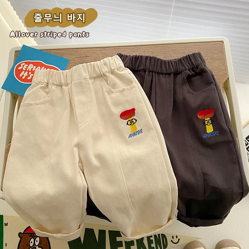 

Детские брюки для мальчиков в Корейском стиле, хлопковые повседневные брюки с мультяшной вышивкой, детские осенние брюки