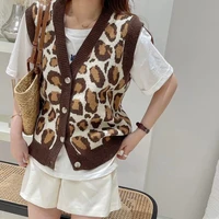 korean version of the retro leopard print knitted vest 2022 autumn new loose all match slimming sleeveless cardigan vest