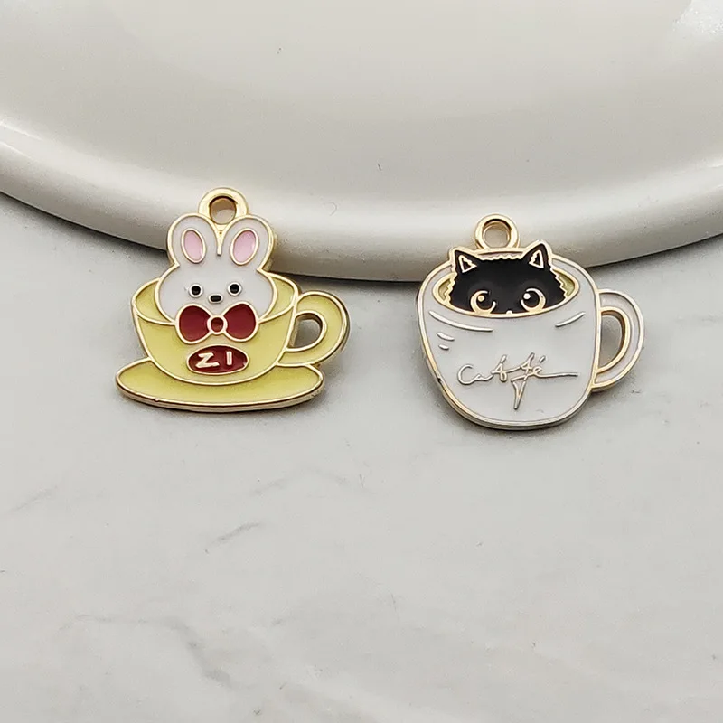

10Pcs/lot Enamel Cup Cat Charm for Jewelry Making Earring Pendant Bracelet Necklace Keychain Accessories Craft Supplies