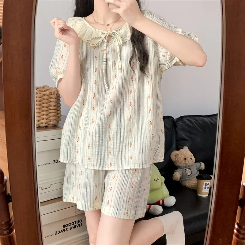 Пижамный комплект женский из хлопка и шелка тонкая Домашняя одежда с короткими