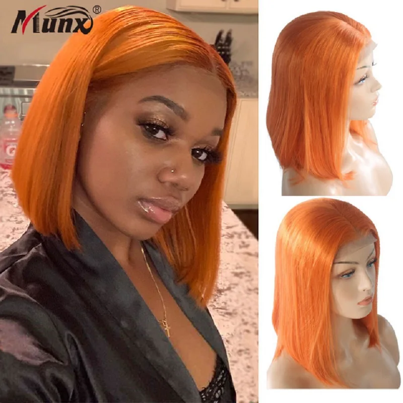 Orange 13x4 Lace Front Human Hair Bob Wigs 180% Density Straight Free Part Lace Frontal Wig Remy Hair with Baby Hair for Women