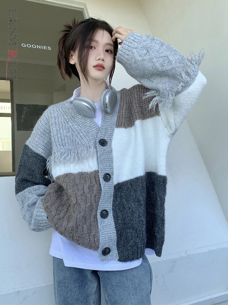 

Женский свитер в стиле пэчворк LANMREM, контрастный свитер с длинными рукавами в Корейском стиле, Повседневный Кардиган, зимняя теплая одежда, 2R8781