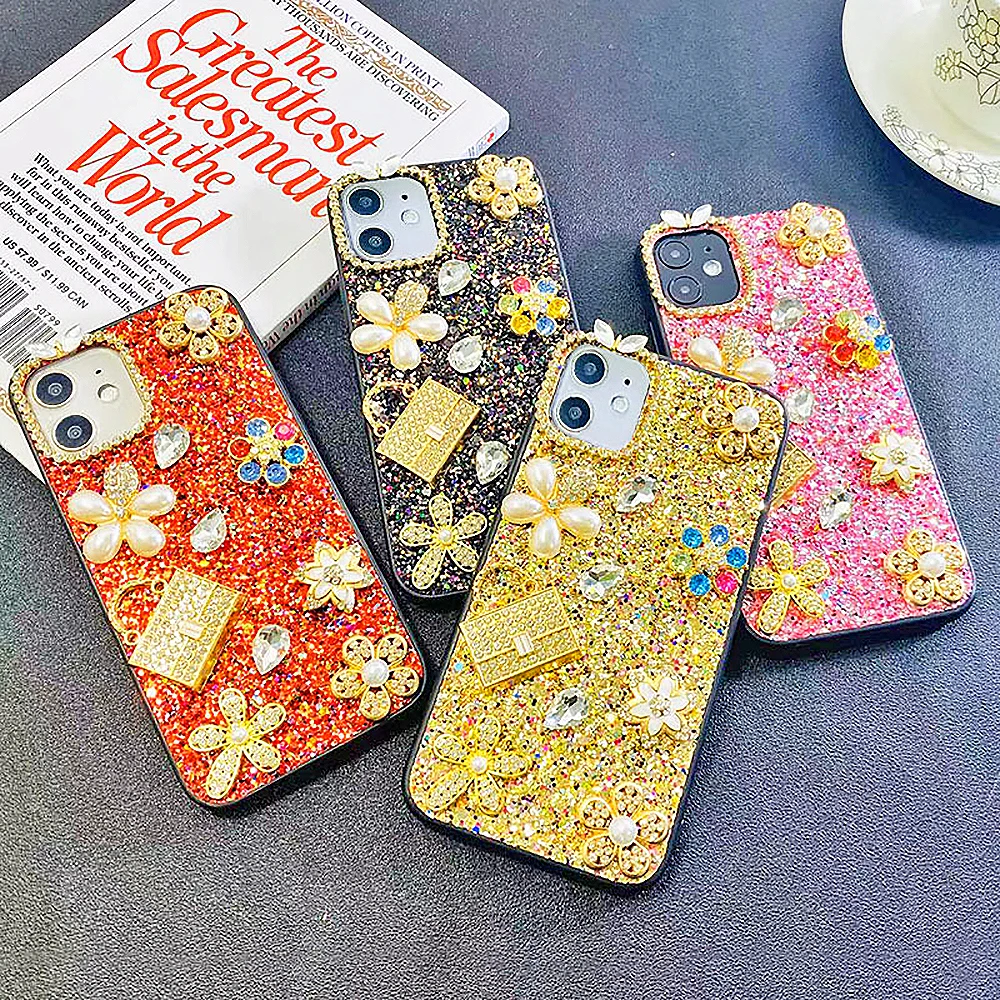 

Luxury Glitter Rhinestone 3D Color Pearl Flower Phone Case For iPhone14 13 12 11 Pro Max X XS XR 7 8 14 Plus Silicone Back Cover