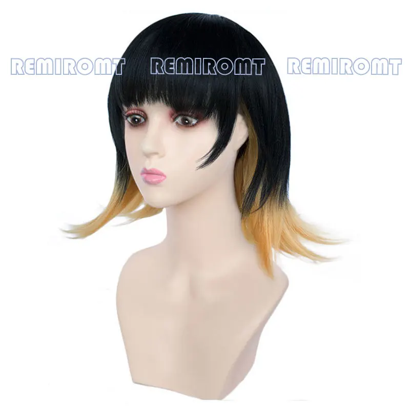 Парик Susamaru из аниме рассекающий демонов с короткими черными и оранжевыми