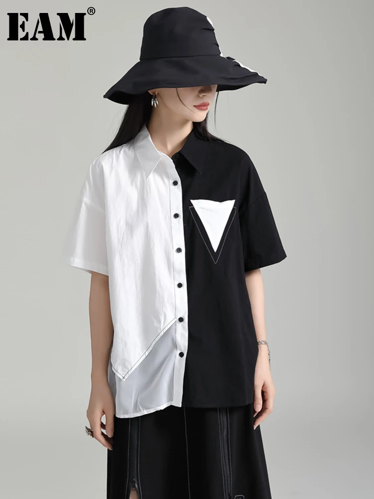 

[EAM] Women Black Color-block Big Size Casual Blouse New Lapel Short Sleeve Loose Fit Shirt Fashion Spring Summer 2023 1DF8825