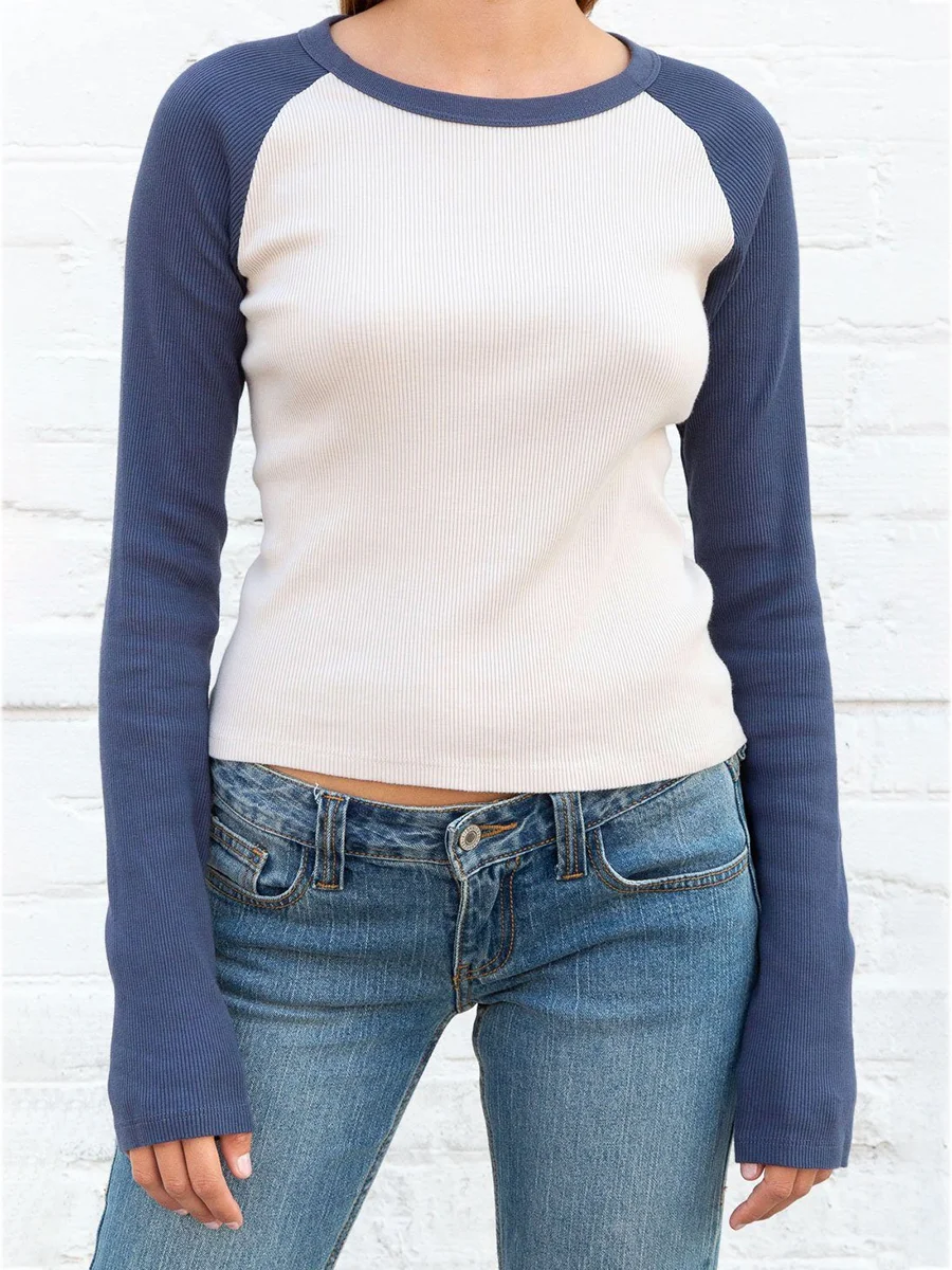 Винтажная лоскутная футболка в рубчик женская весенняя повседневная с круглым