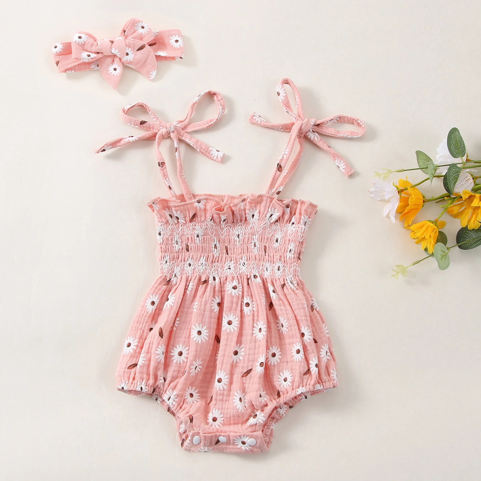 

Baby Romper Headband Set Flower Printed Pattern Tie Up Shoulder Sleeveless Elastic Chest Clothing Bow Hair Band