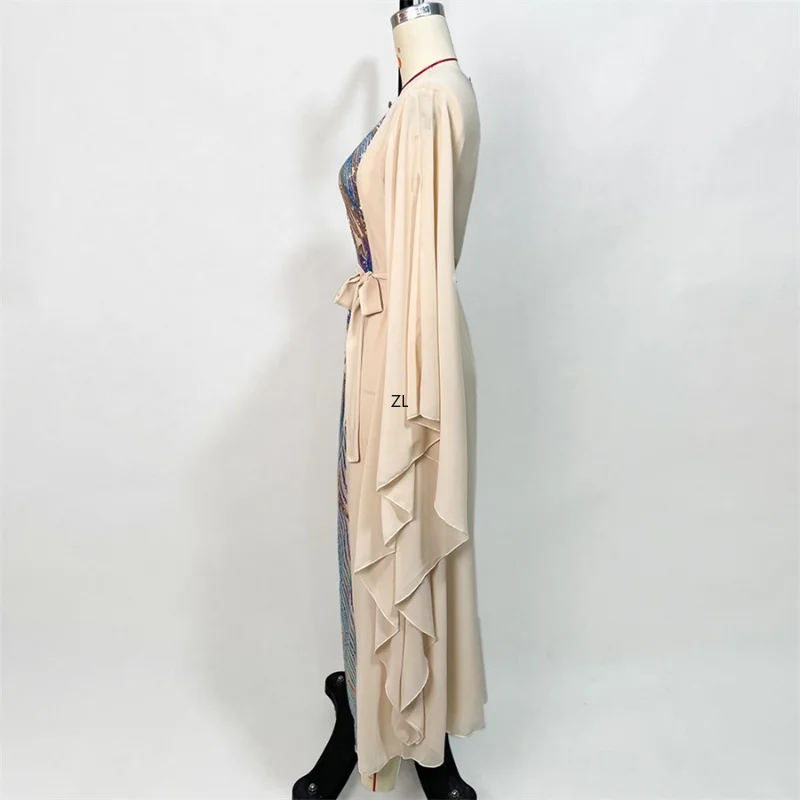 Elegant Floral Embroidery Sequins Butterfly Sleeves Belted Kaftan Ladies Evening Dresses Casual Loose Arab Muslim Women Clothes