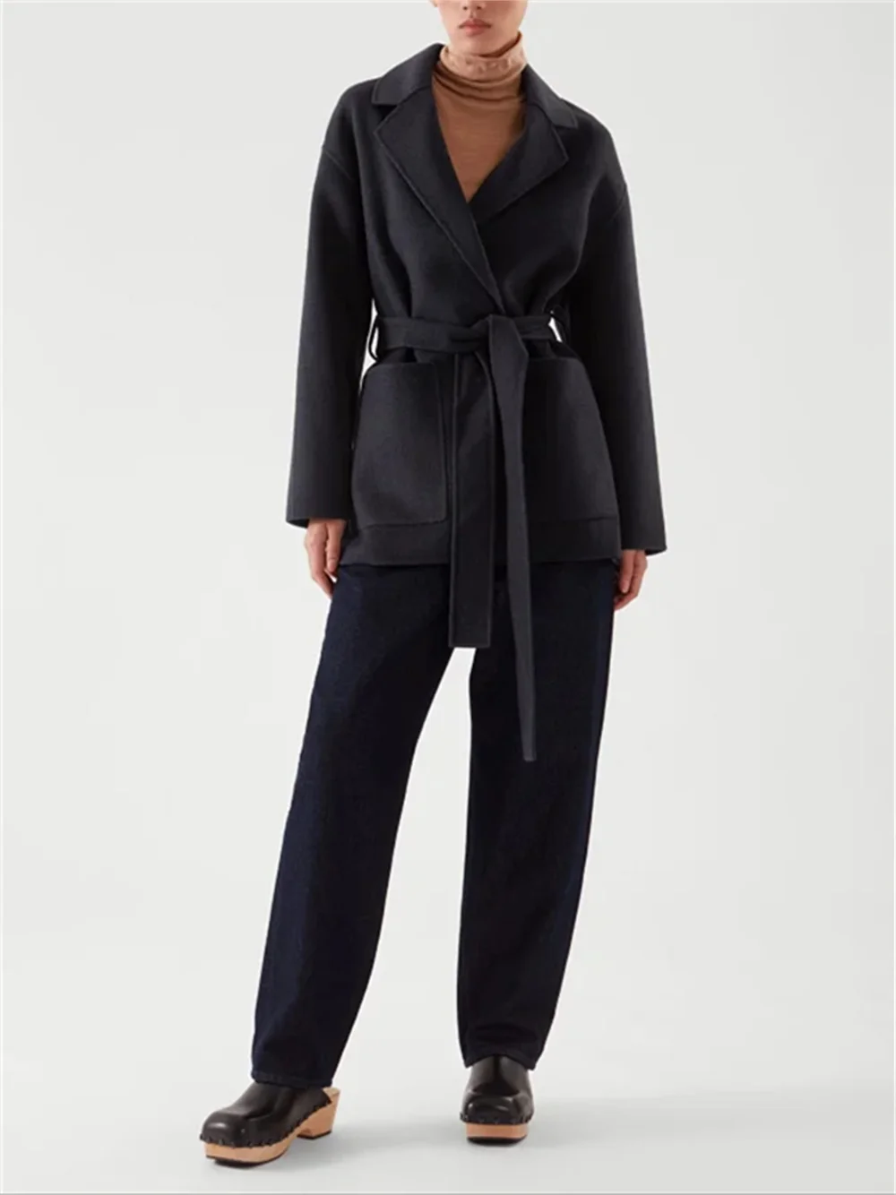 

Women Notched Wool Blended Coat Autumn Winter New French Ladies Lace Up Waist Loose Suitable Outwear Long Sleeve Jacket