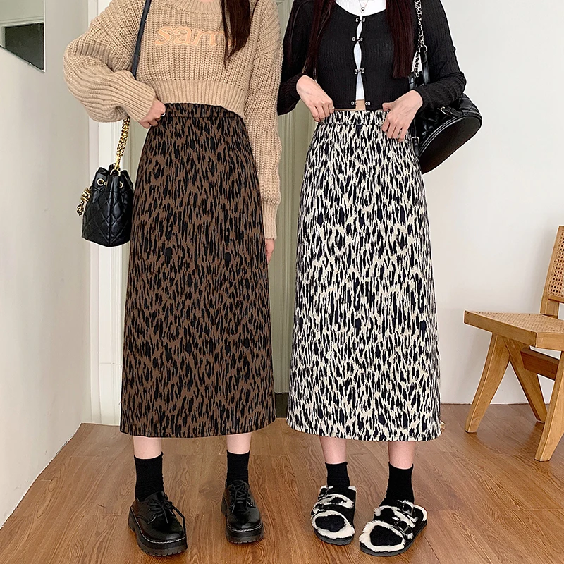 

Woolen Leopard Print Skirts Women 2022 New Korean Elastic Waist Loose Casual A-LINE Autumn Hip Wrap Pleated Skirt Mid-Calf