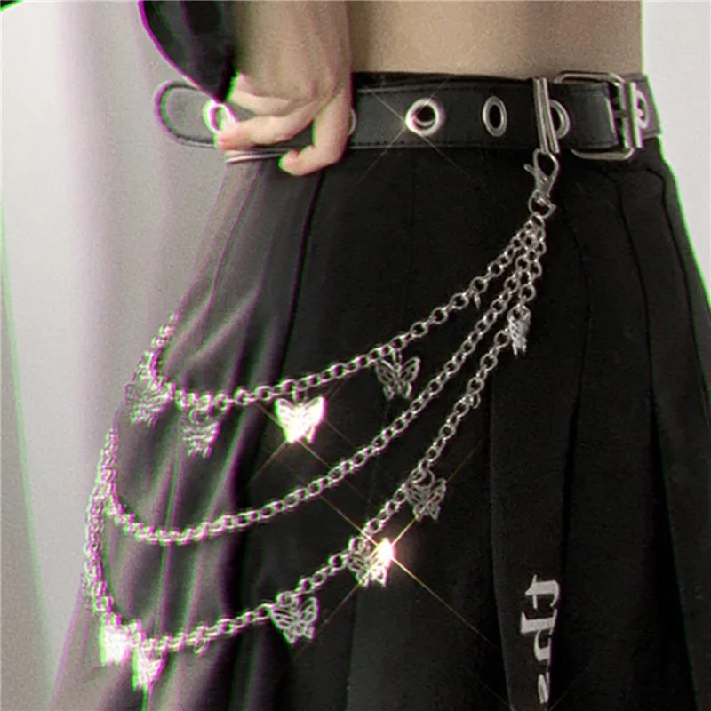 

Punk Rock Metal Pants Waist Chain Women Two Layer Butterfly Key Chain Wallet Keychain Jeans Hip-hop Jewelry Gift