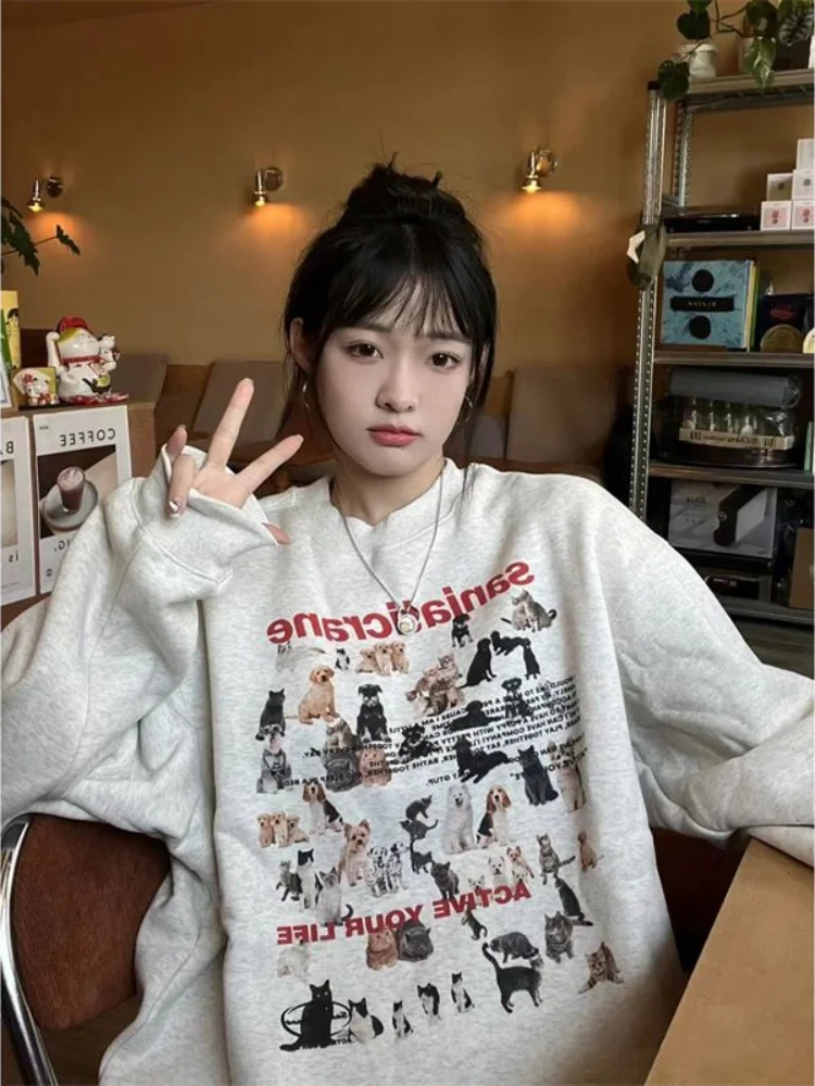 

Deeptown Vintage Animal Print Pullover Women Harajuku Kawaii Graphic Sweatshirts American Streetwear Hoodie Kpop Cute Loose Tops
