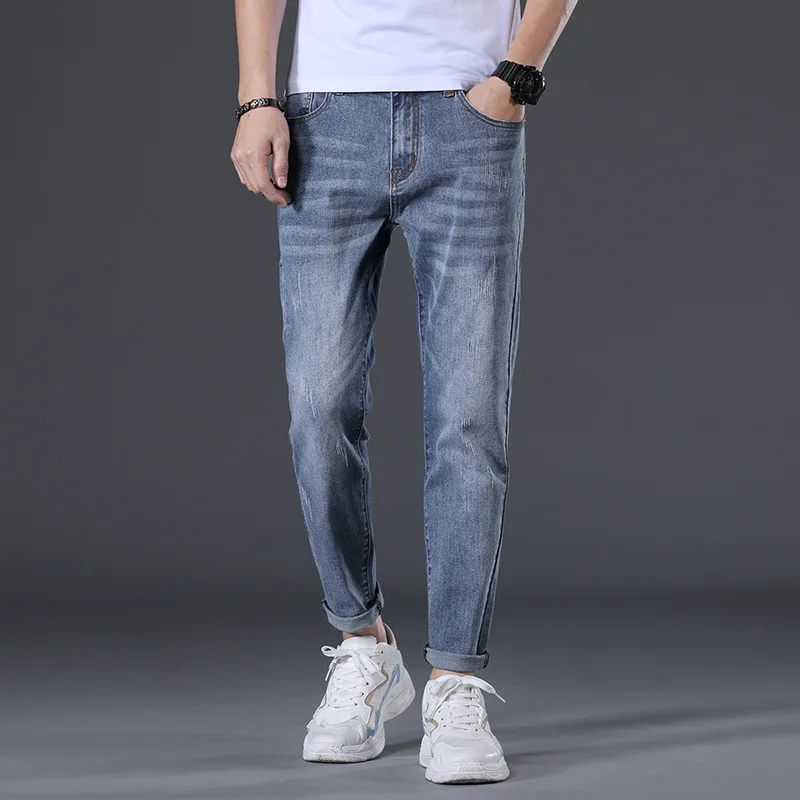 Jeans Men's Spring and Autumn New Fashion Korean Slim Fit Leggings Young Men's Mid rise Elastic Denim Cropped Pants