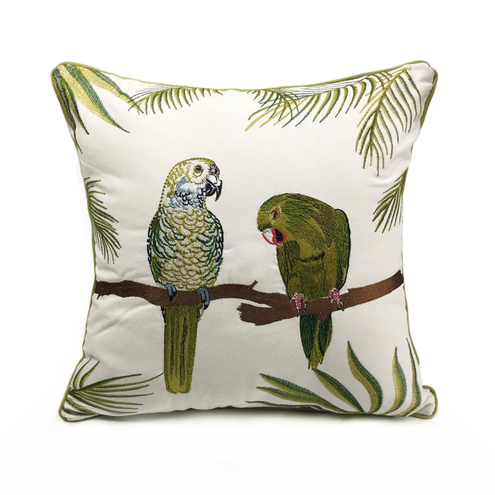 

Deluxe Embroidery Parrots Plant Designer Pillow Cover Sofa Cushion Bird Canvas Home Bed Decorative Case 45 x 45cm Sell by Piece