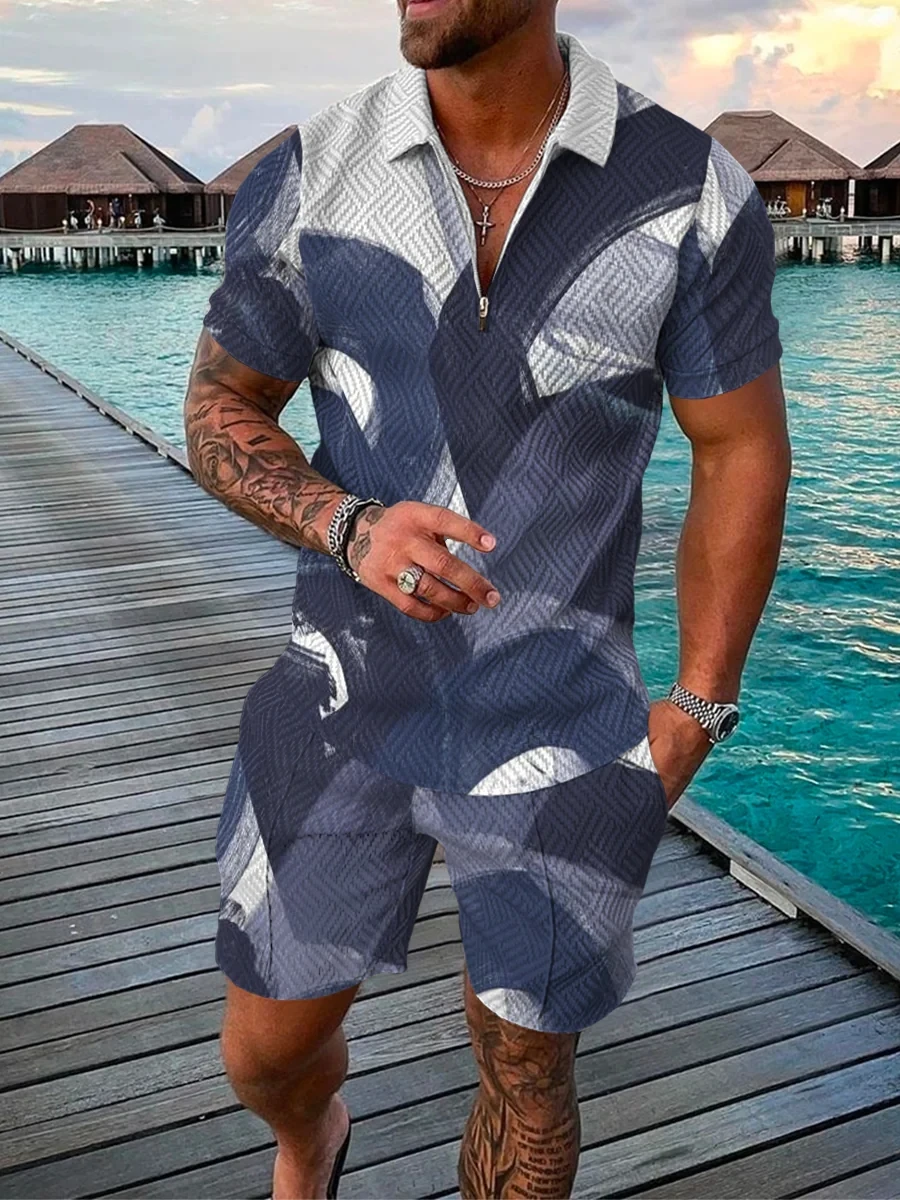 2023 Summer Men's Polo Suit Starry Skies 3D Printed Street Short Sleeved Zipper T-shirts Shorts Two-piece Set Men Clothes