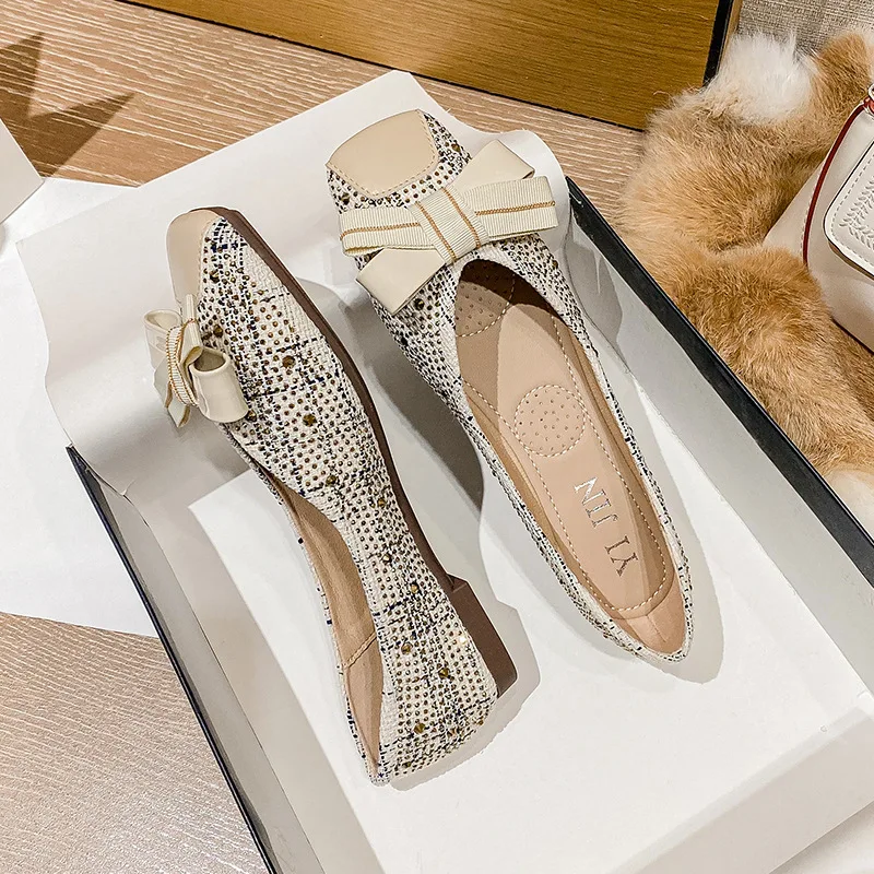 Plus Size 42 43 Women Ballet Flats Grid Linen Fabric Bling Diamonds Bowknot Decoration Flat Pumps Casual Female Shoes Big Size