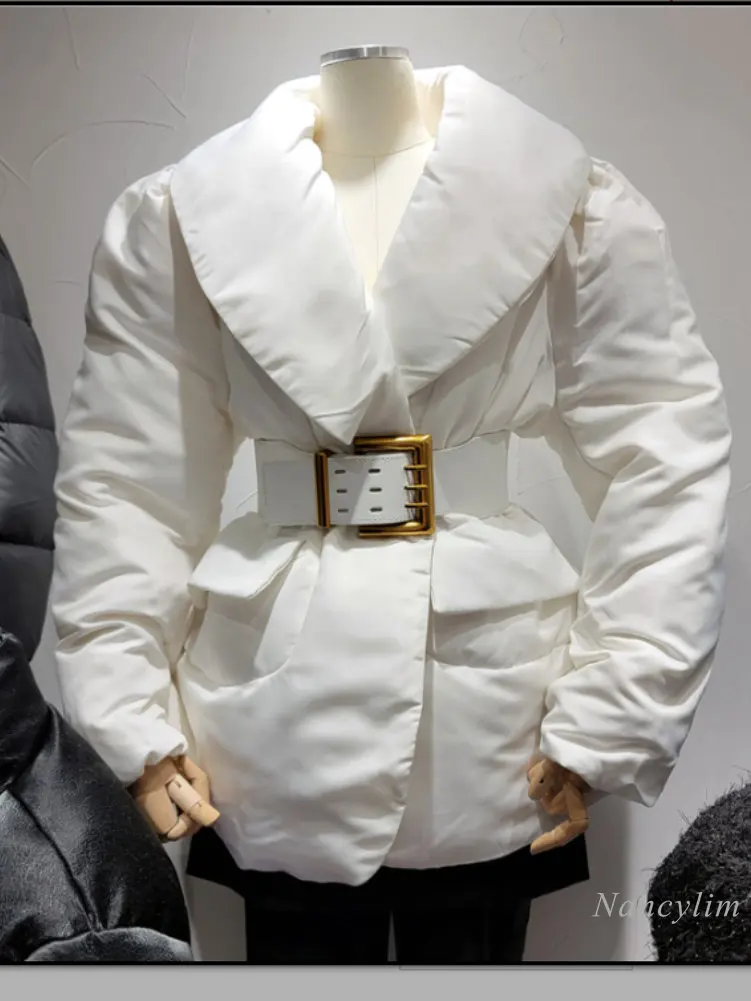 Glossy White Parka for Women 2022 Winter Coat New Ruffled V Collar Belt Waist Warm-Keeping Cotton-Padded Army-Green Coats