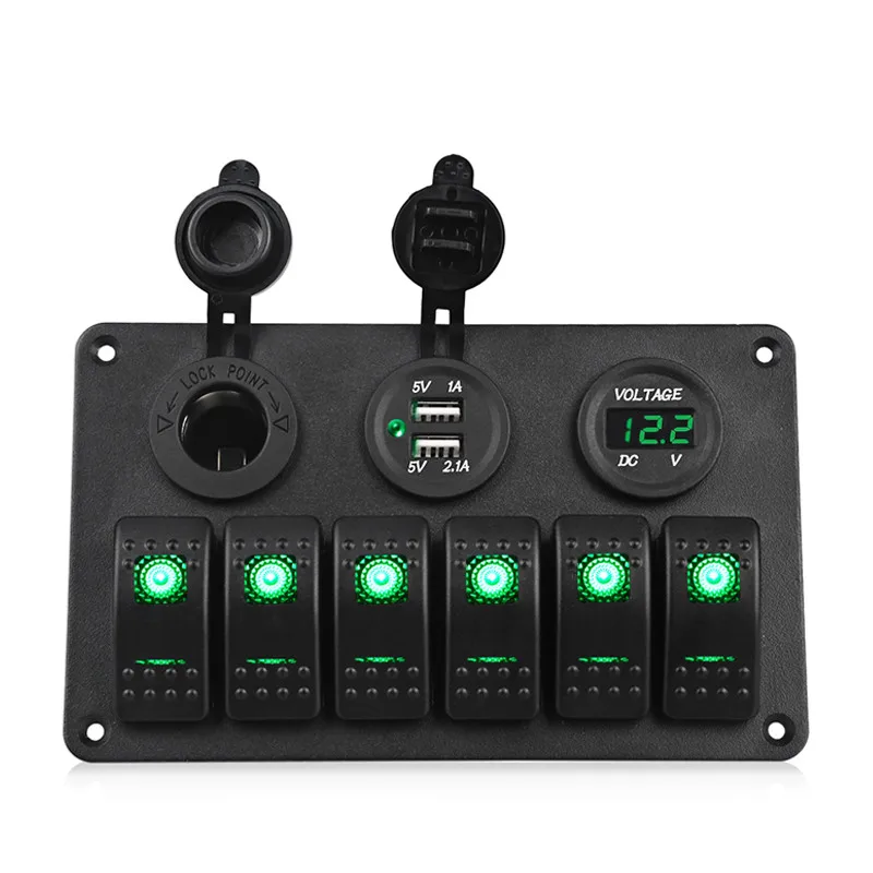 

6 Gang Rocker Switch Panel With Fuse Waterproof 4.2A Dual USB Slot Combination Socket Digital Voltage Display For Car Boat